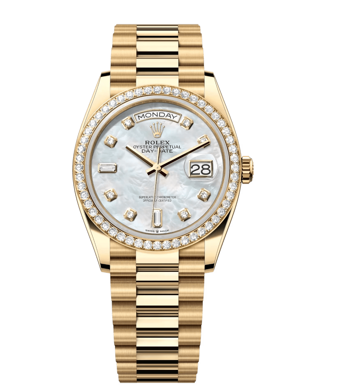 Fashionable Rolex Day-Date 36 Oyster Perpetual 18 ct yellow gold white mother-of-pearl, diamond-set dial diamond-set bezel President band Reference 128348RBR 1800