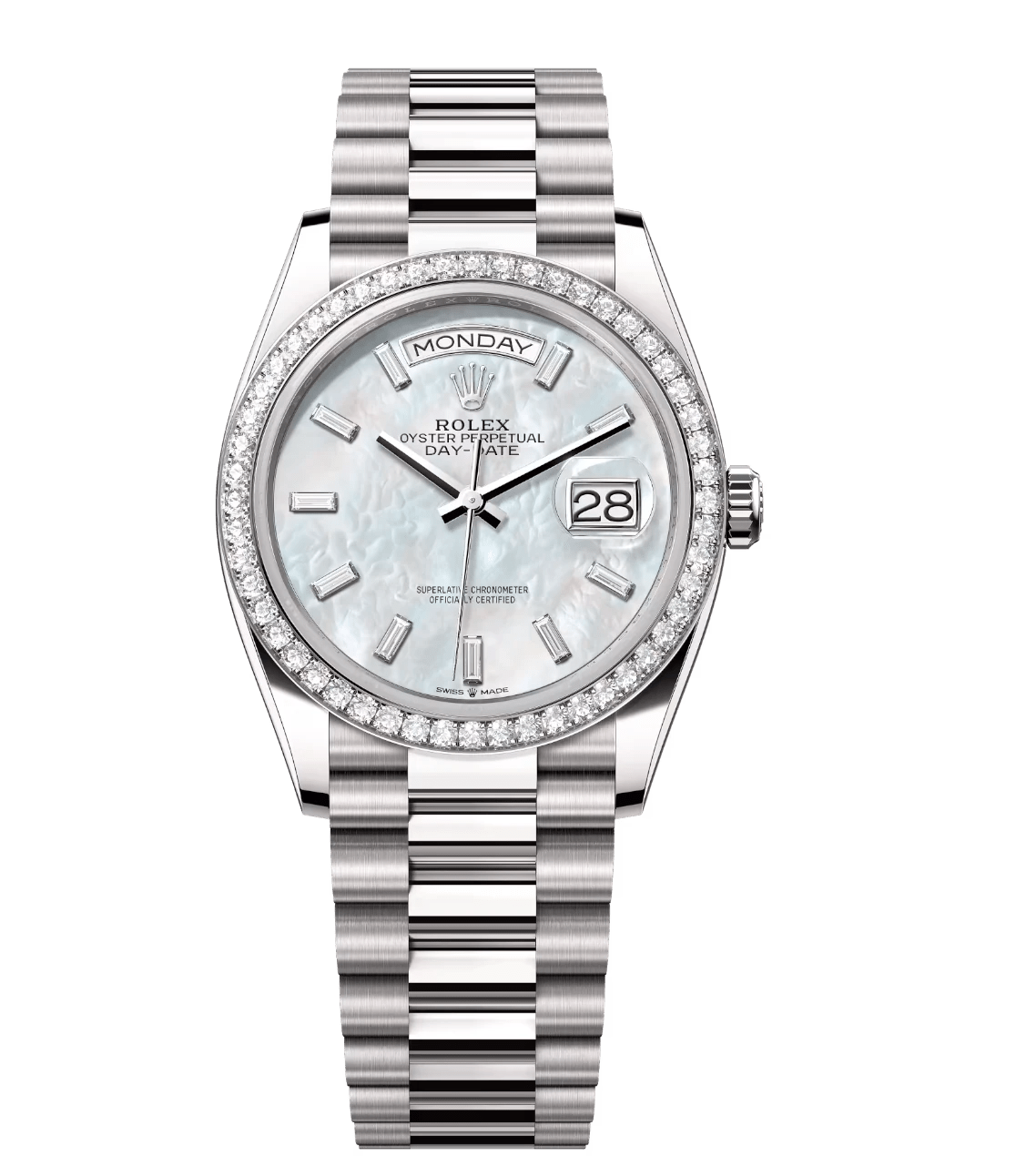 Soft Rolex Day-Date 36 Oyster Perpetual 18 ct white gold white mother-of-pearl, diamond-set dial diamond-set bezel President band Reference 128349RBR 1756