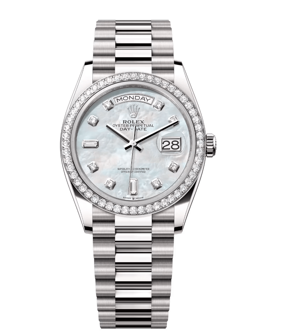 Chic Rolex Day-Date 36 Oyster Perpetual 18 ct white gold white mother-of-pearl, diamond-set dial diamond-set bezel President band Reference 128349RBR 1736