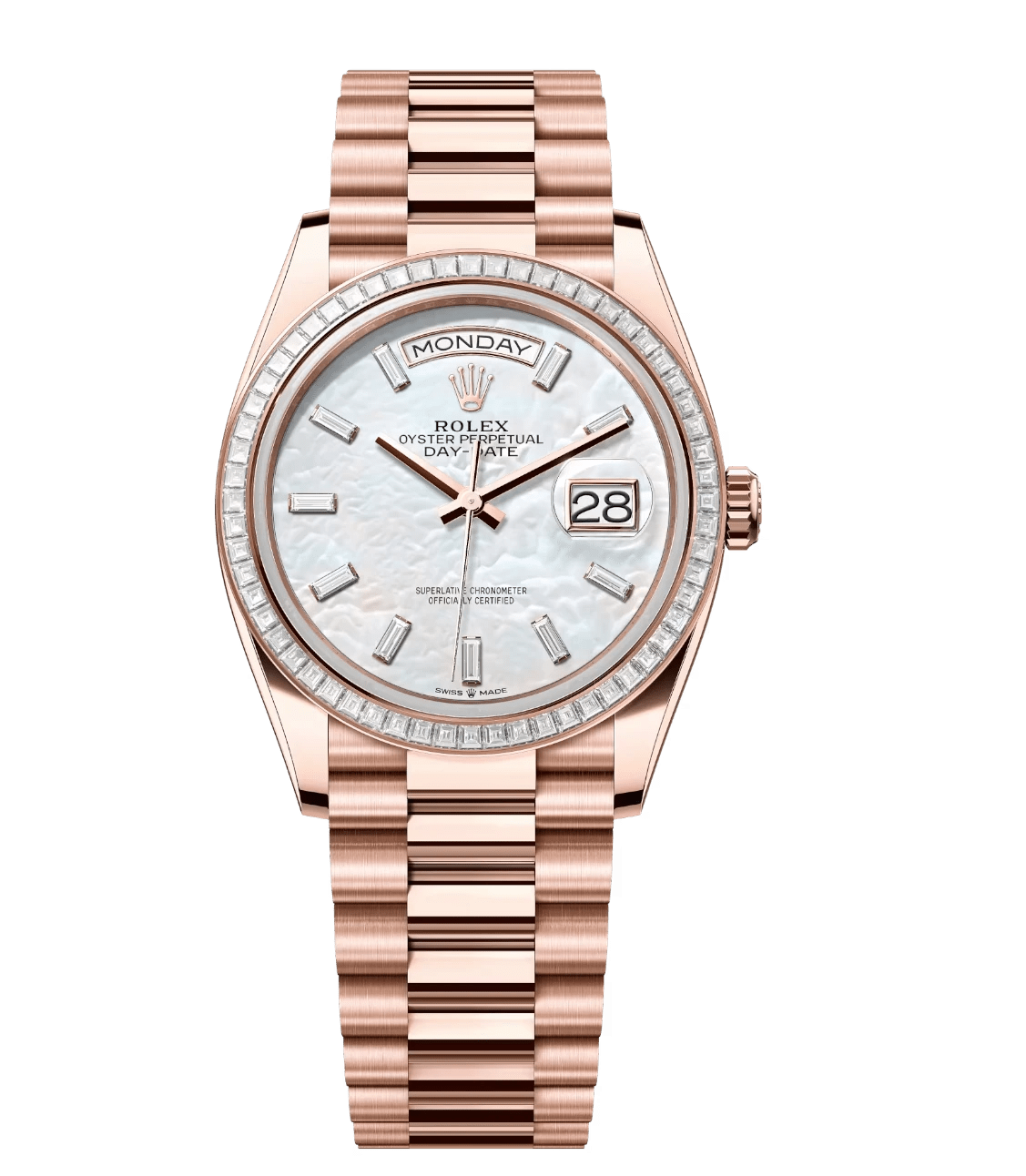 Unique Rolex Day-Date 36 Oyster Perpetual 18 ct Everose gold white mother-of-pearl, diamond-set dial diamond-set bezel President band Reference 128395TBR 1752