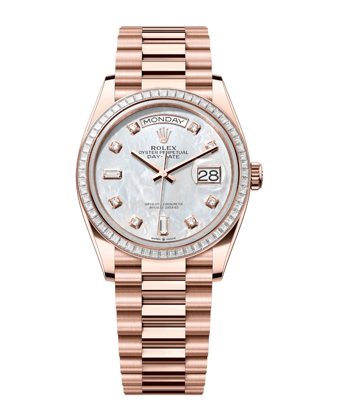 Vibrant Rolex Day-Date 36 Oyster Perpetual 18 ct Everose gold white mother-of-pearl, diamond-set dial diamond-set bezel President band Reference 128395TBR 1706