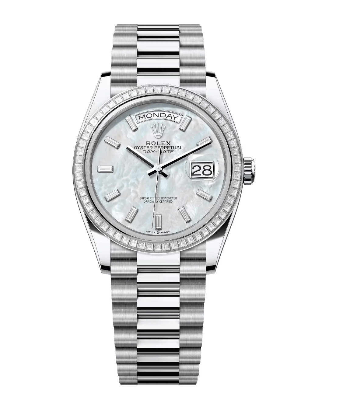 Rolex Day-Date 36 Oyster Perpetual platinum white mother-of-pearl, diamond-set dial diamond-set bezel President band Reference 128396TBR Practical 1685
