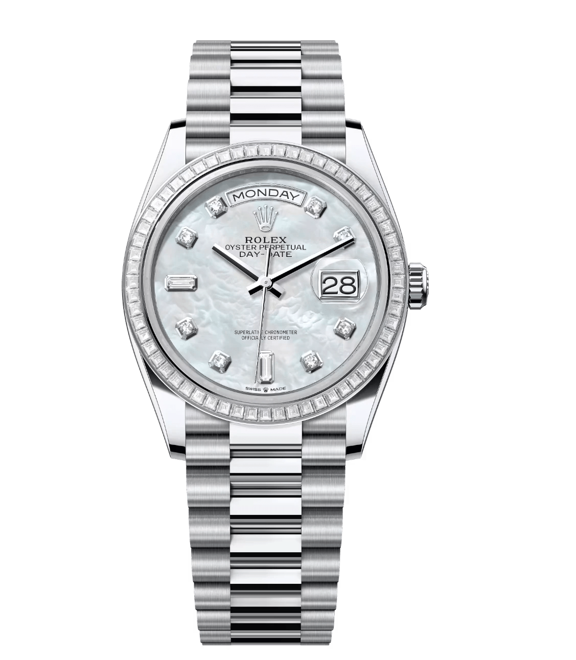 ModernLook Rolex Day-Date 36 Oyster Perpetual platinum white mother-of-pearl, diamond-set dial diamond-set bezel President band Reference 128396TBR 1717