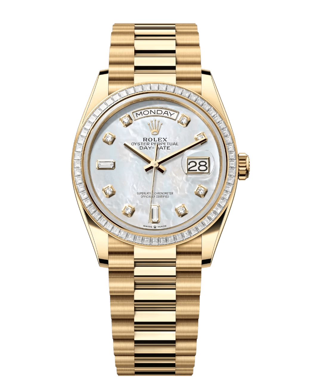 Rolex Day-Date 36 Oyster Perpetual 18 ct yellow gold white mother-of-pearl, diamond-set dial diamond-set bezel President band Reference 128398TBR QuickDry 1694