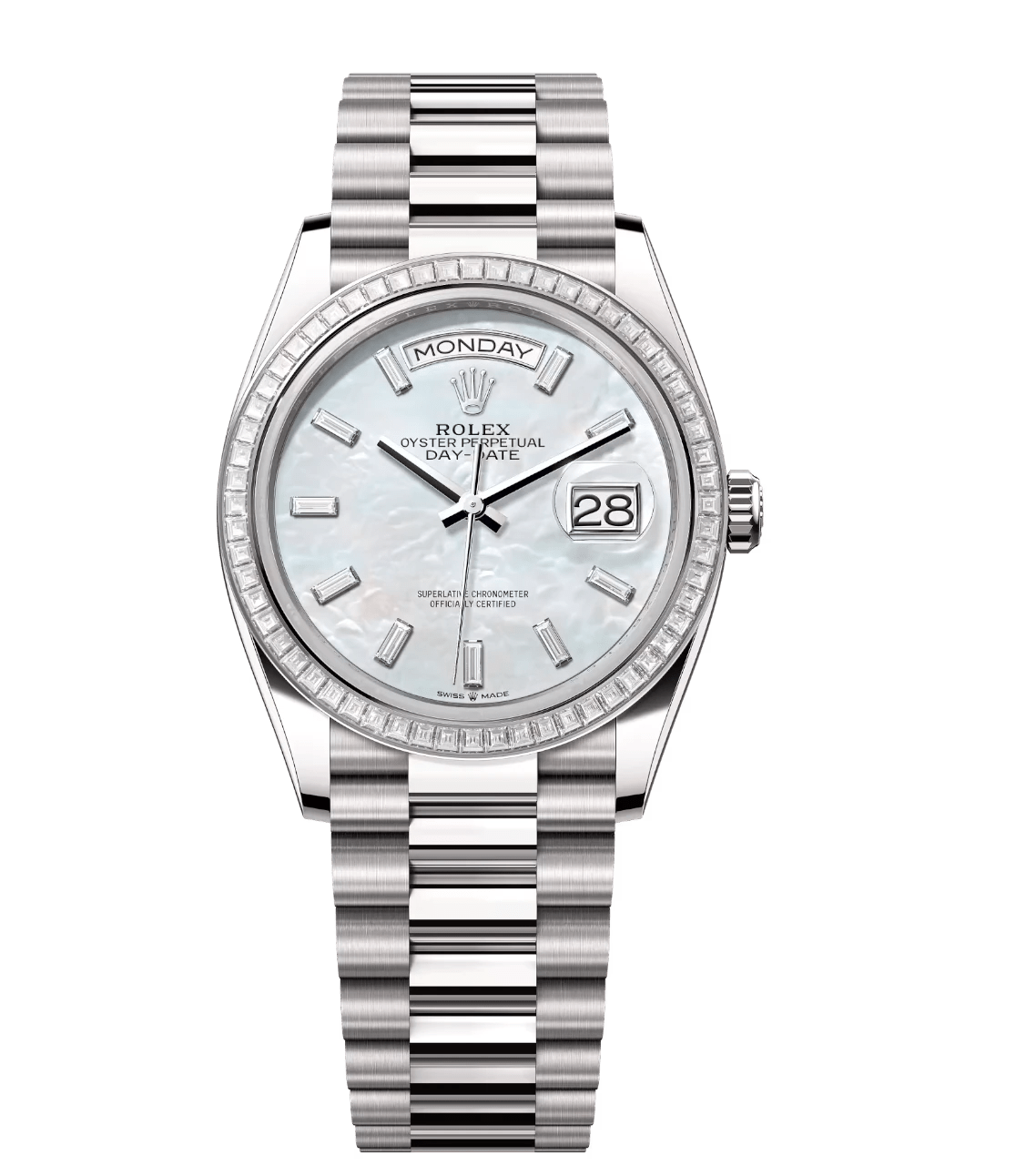 Rolex Day-Date 36 Oyster Perpetual 18 ct white gold white mother-of-pearl, diamond-set dial diamond-set bezel President band Reference 128399TBR WellDesigned 1684