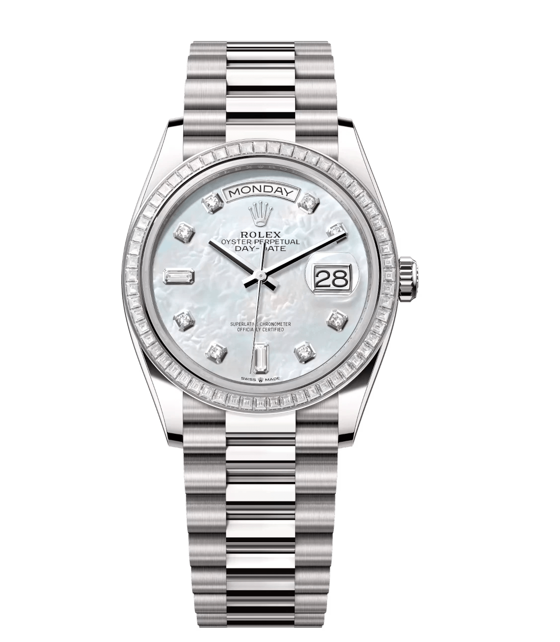 Modern Rolex Day-Date 36 Oyster Perpetual 18 ct white gold white mother-of-pearl, diamond-set dial diamond-set bezel President band Reference 128399TBR 1806