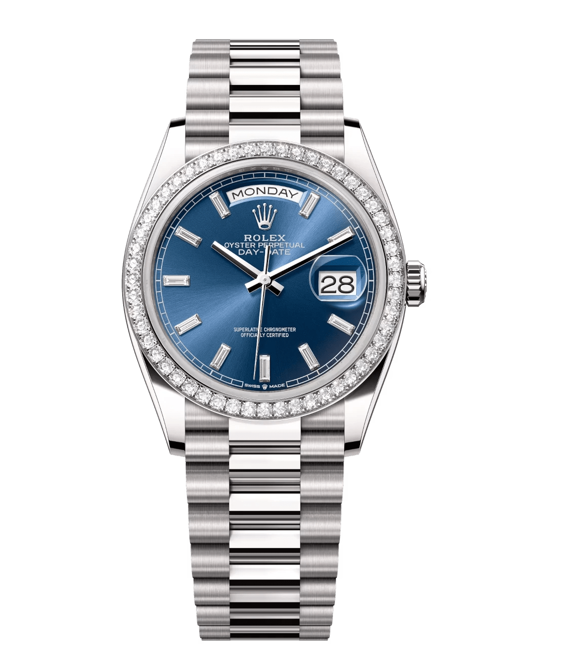 Rolex Day-Date 36 Oyster Perpetual 18 ct white gold bright blue, diamond-set dial diamond-set bezel President band Reference 128349RBR Neat 1789