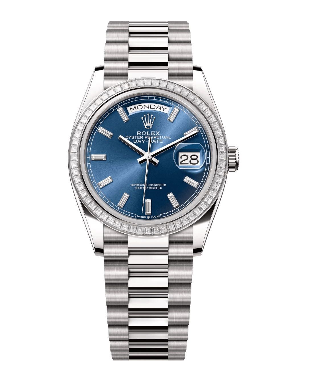 Vibrant Rolex Day-Date 36 Oyster Perpetual 18 ct white gold bright blue, diamond-set dial diamond-set bezel President band Reference 128399TBR 1751