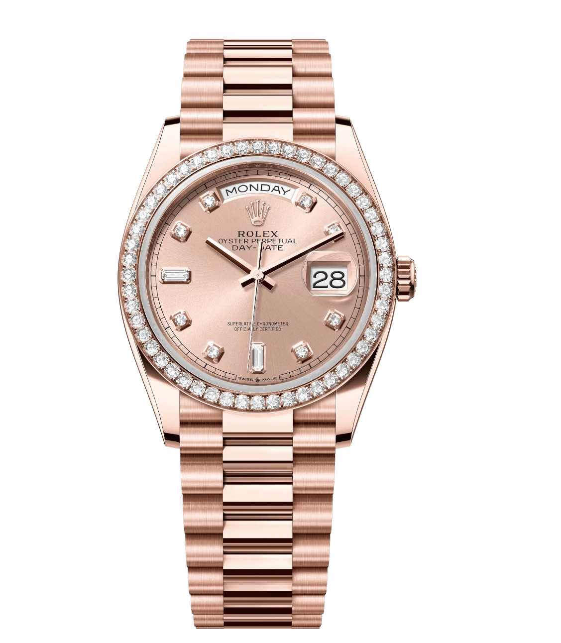 UrbanStyle Rolex Day-Date 36 Oyster Perpetual 18 ct Everose gold rosé colour, diamond-set dial diamond-set bezel President band Reference 128345RBR 1690