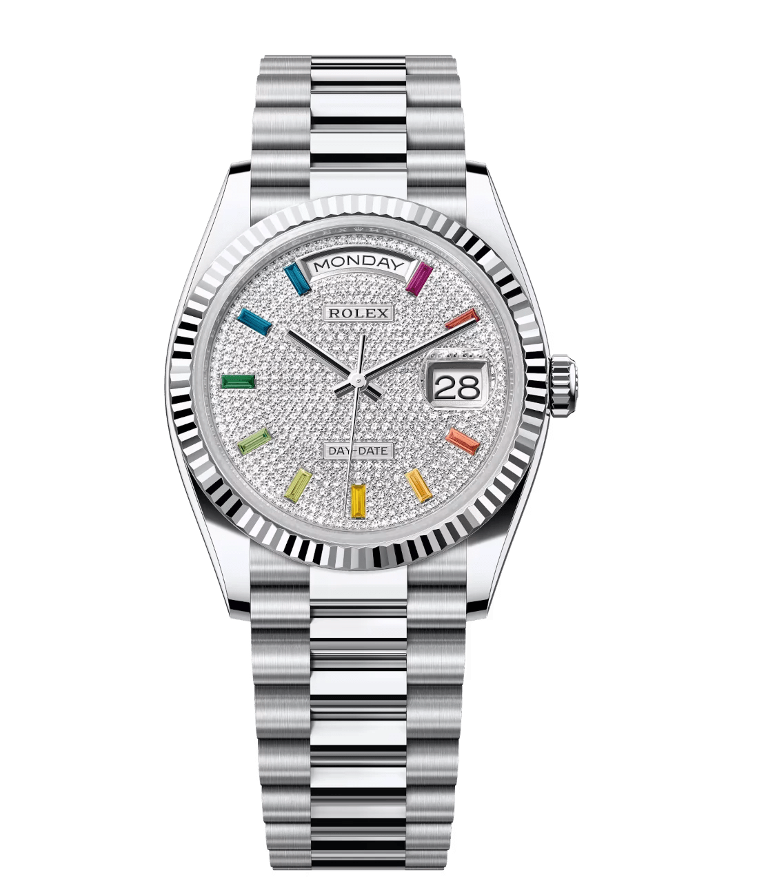 Rolex Day-Date 36 Oyster Perpetual platinum diamond-paved dial fluted bezel President band Reference Durable 1777