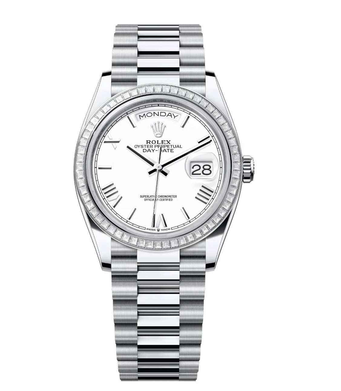 SmartChoice Rolex Day-Date 36 Oyster Perpetual platinum white dial diamond-set bezel President band Reference 128396TBR 1723