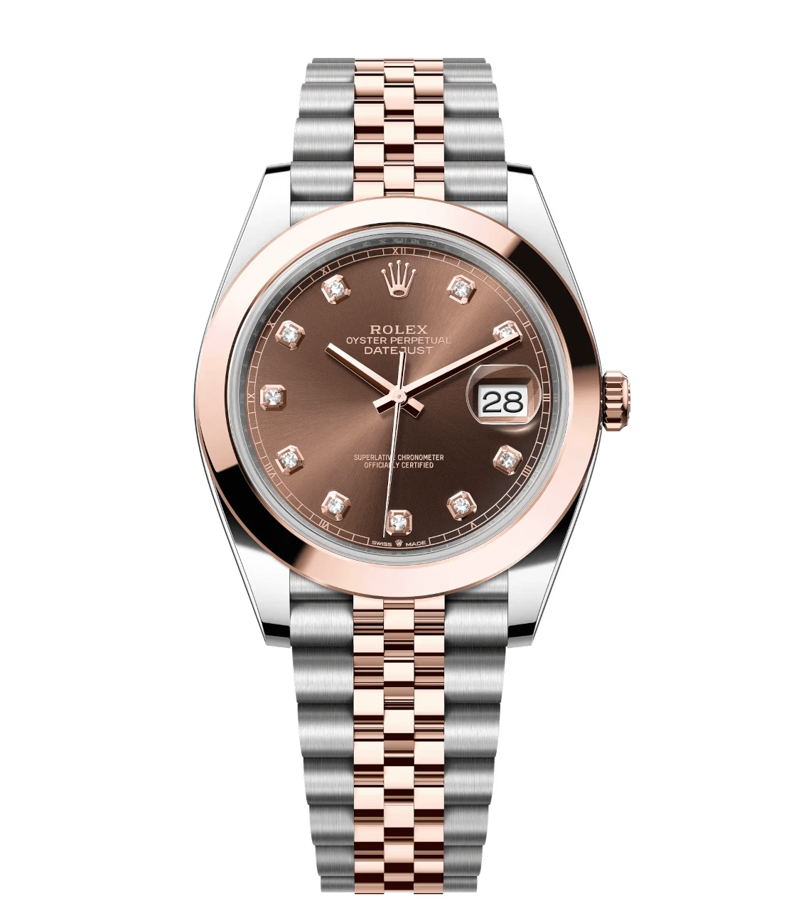 Elegant Rolex Datejust 41 Oyster Perpetual Oystersteel and Everose gold chocolate, diamond-set dial Jubilee band Reference 1667