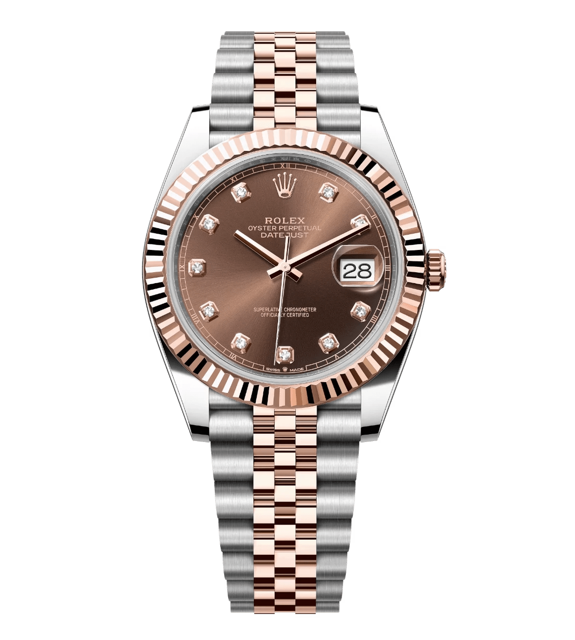 Contemporary Rolex Datejust 41 Oyster Perpetual Oystersteel and Everose gold chocolate, diamond-set dial Jubilee band Reference 1674
