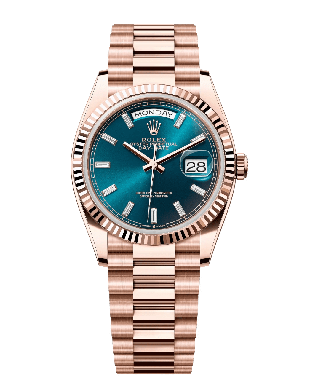 WeatherProof Rolex Day-Date 36 Oyster Perpetual 18 ct Everose gold blue-green, diamond-set dial fluted bezel President band Reference 1701