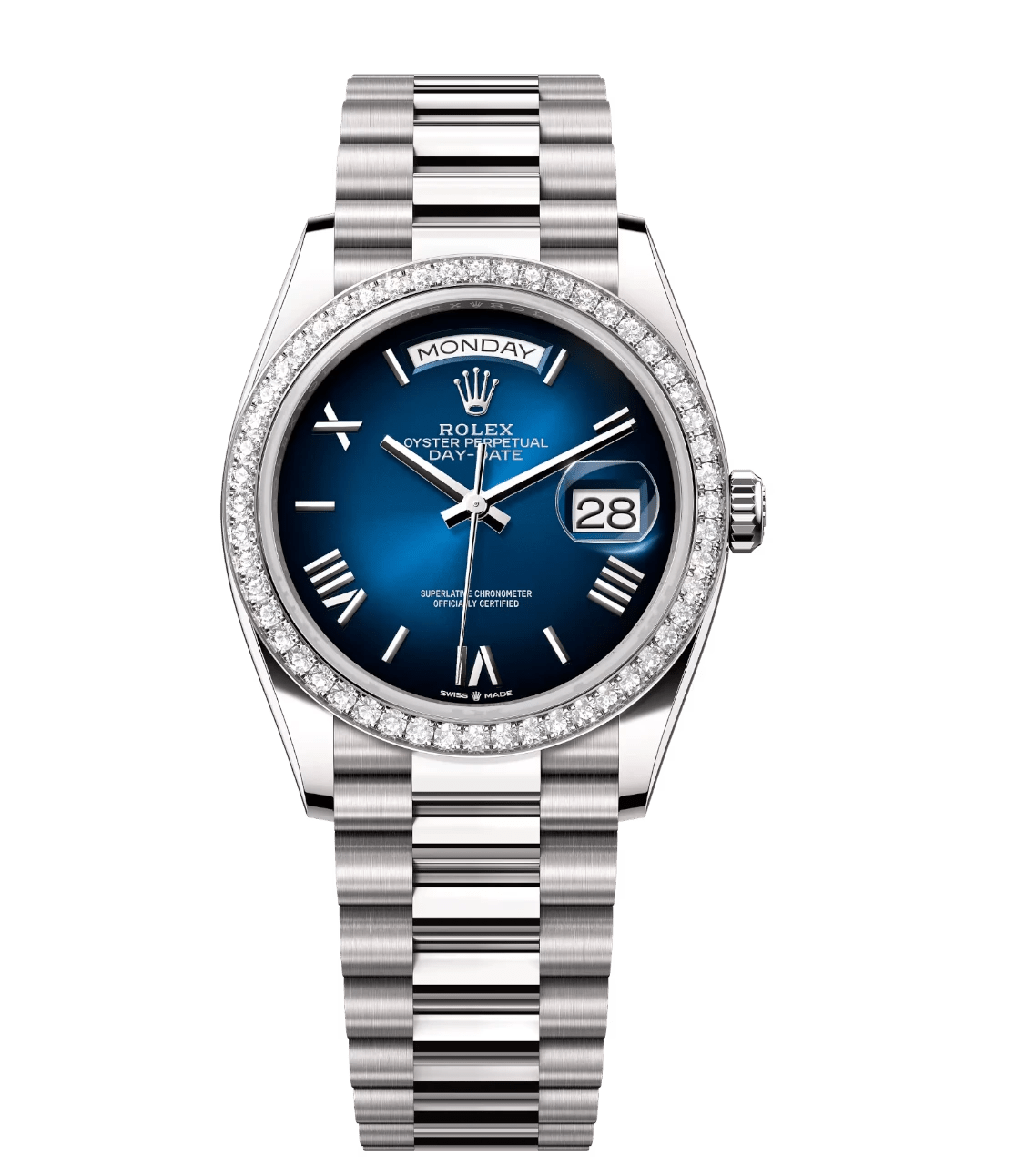 Breathable Rolex Day-Date 36 Oyster Perpetual 18 ct white gold blue ombré dial diamond-set bezel President band Reference 128349RBR 1729