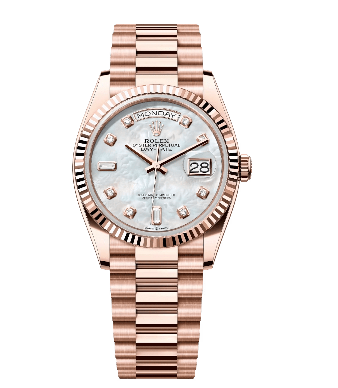 Unique Rolex Day-Date 36 Oyster Perpetual 18 ct Everose gold white mother-of-pearl, diamond-set dial fluted bezel President band Reference 1745