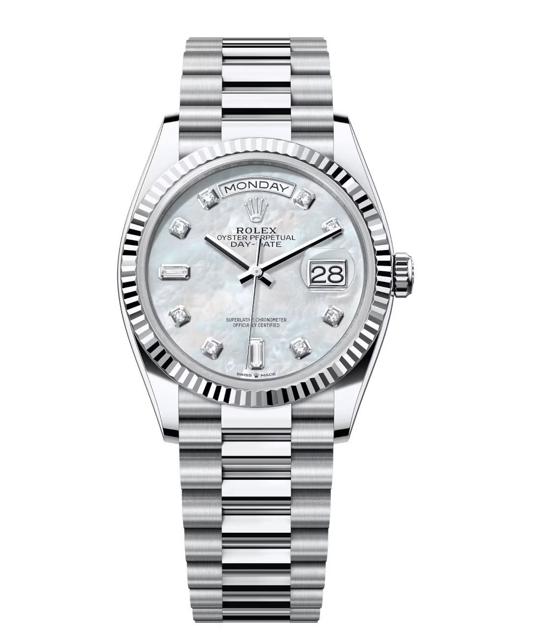 FastDry Rolex Day-Date 36 Oyster Perpetual platinum white mother-of-pearl, diamond-set dial fluted bezel President band Reference 1813