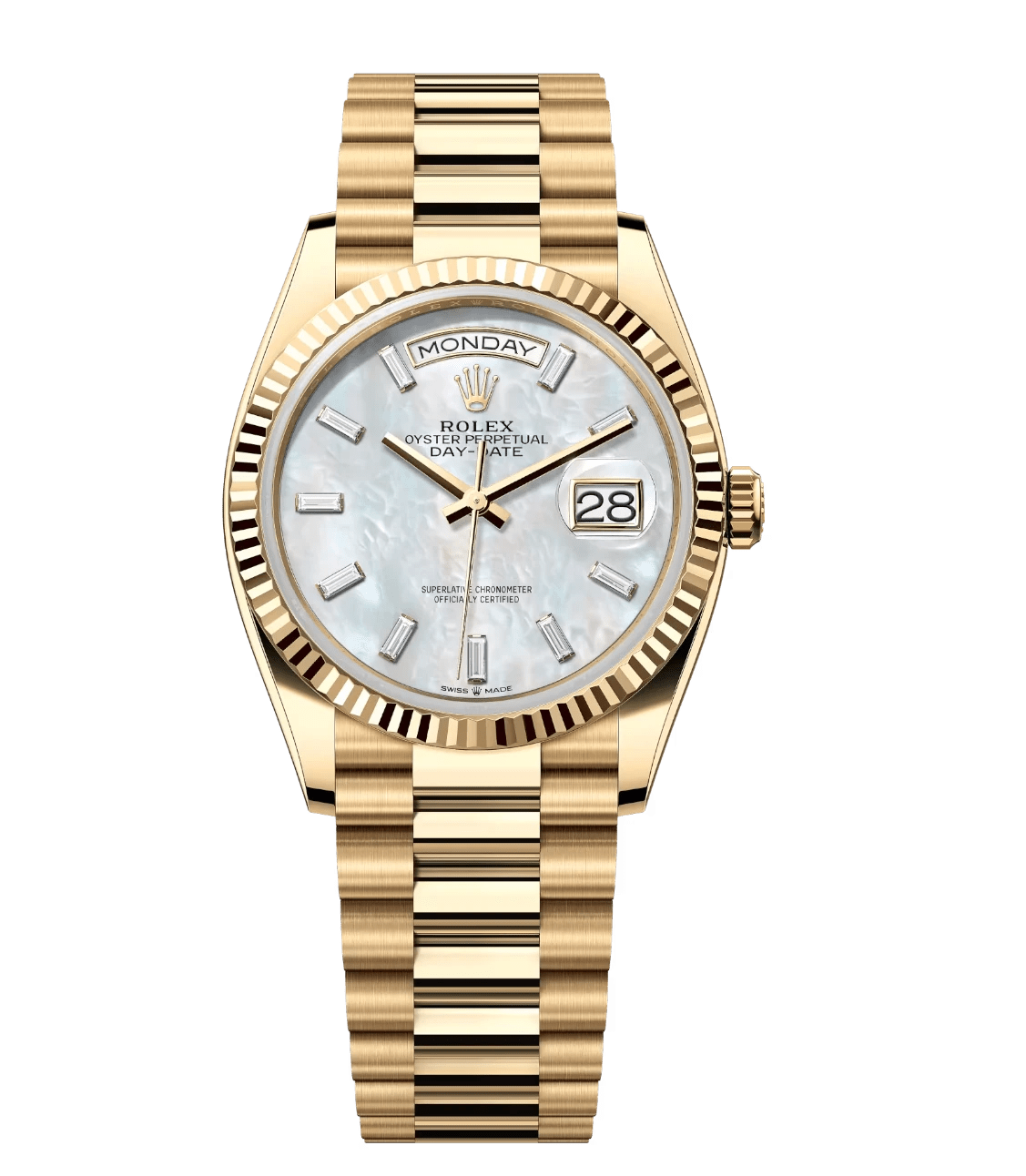 Rolex Day-Date 36 Oyster Perpetual 18 ct yellow gold white mother-of-pearl, diamond-set dial fluted bezel President band Reference Unique 1689
