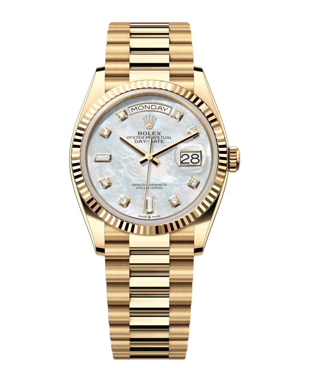 Elegant Rolex Day-Date 36 Oyster Perpetual 18 ct yellow gold white mother-of-pearl, diamond-set dial fluted bezel President band Reference 1792