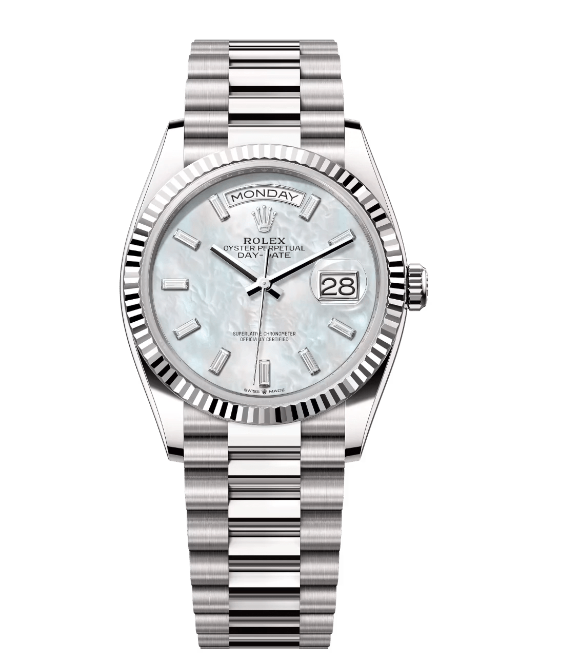 Rolex Day-Date 36 Oyster Perpetual 18 ct white gold white mother-of-pearl, diamond-set dial fluted bezel President band Reference Affordable 1725