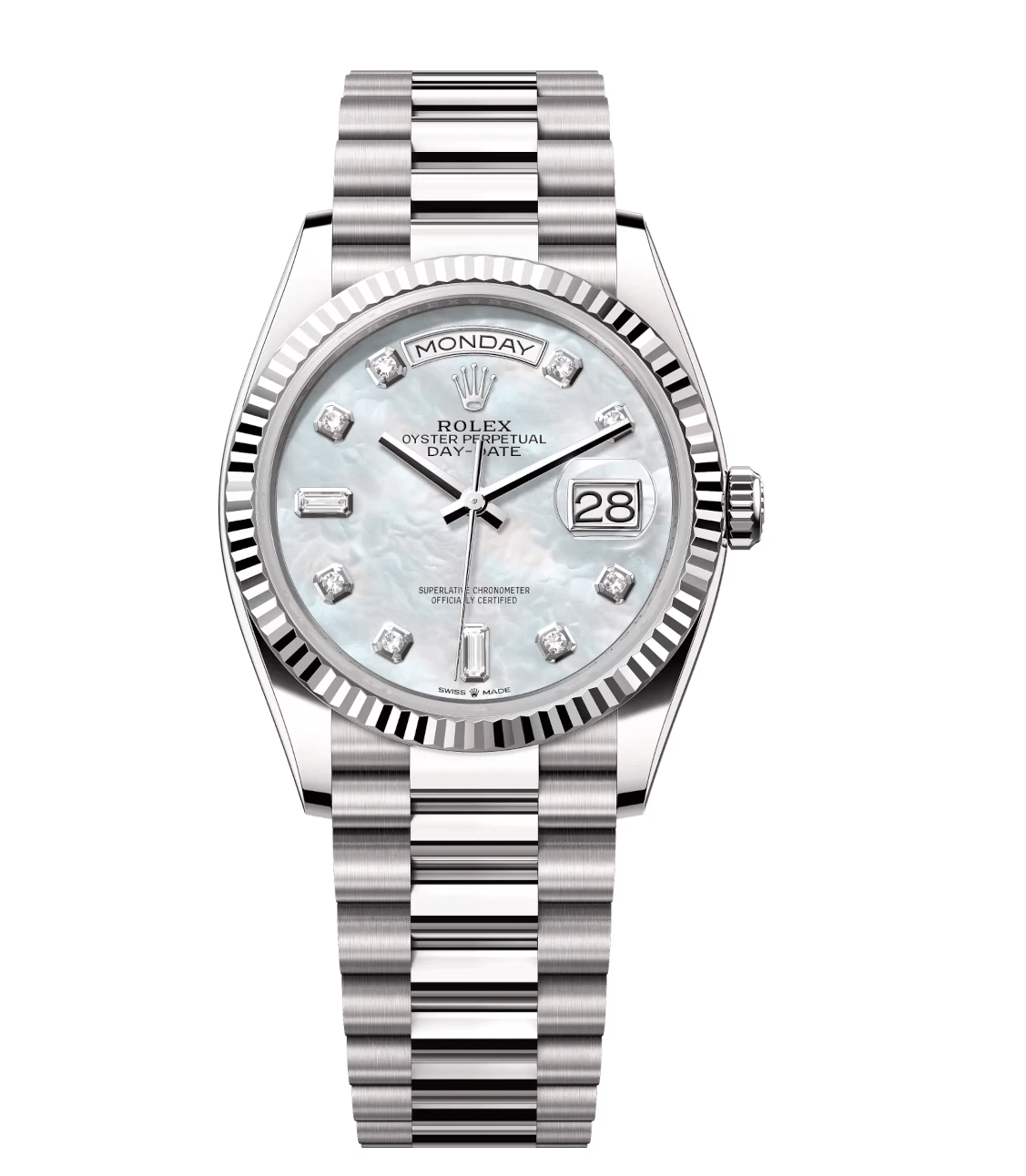 Rolex Day-Date 36 Oyster Perpetual 18 ct white gold white mother-of-pearl, diamond-set dial fluted bezel President band Reference Popular 1787