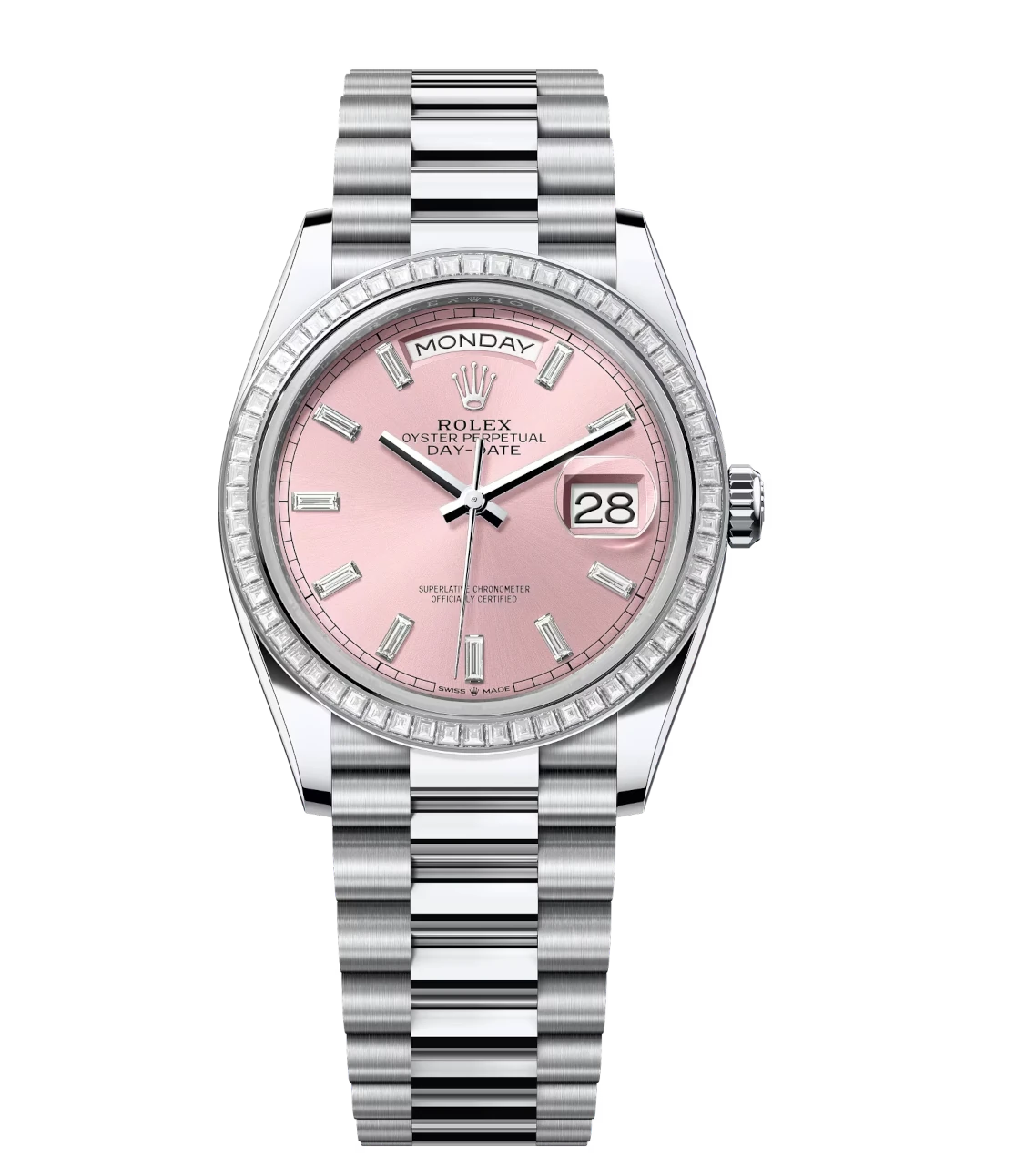 Rolex Day-Date 36 Oyster Perpetual platinum pink, diamond-set dial diamond-set bezel President band Reference 128396TBR Premium 1770