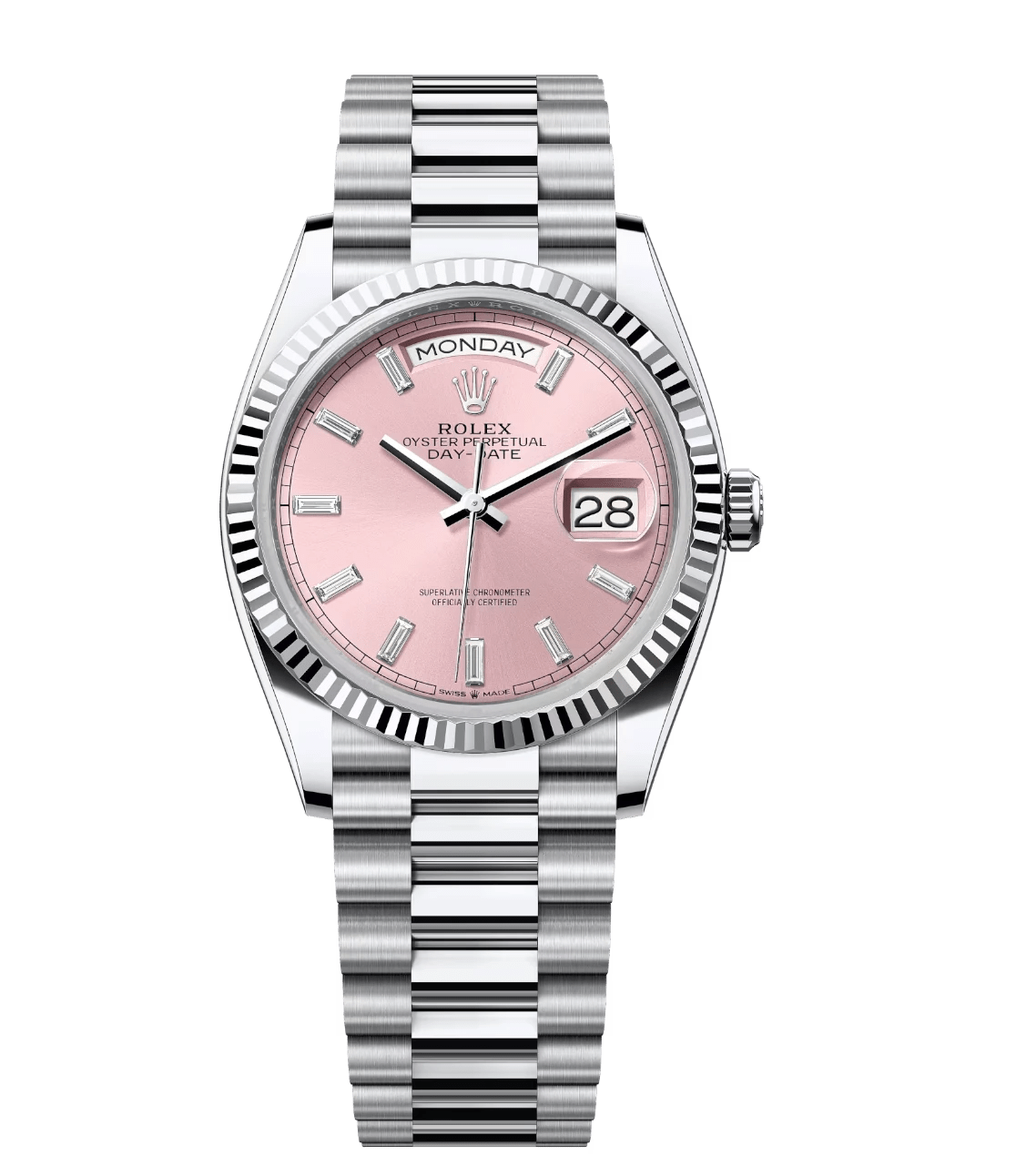 Rolex Day-Date 36 Oyster Perpetual platinum pink, diamond-set dial fluted bezel President band Reference Sporty 1707