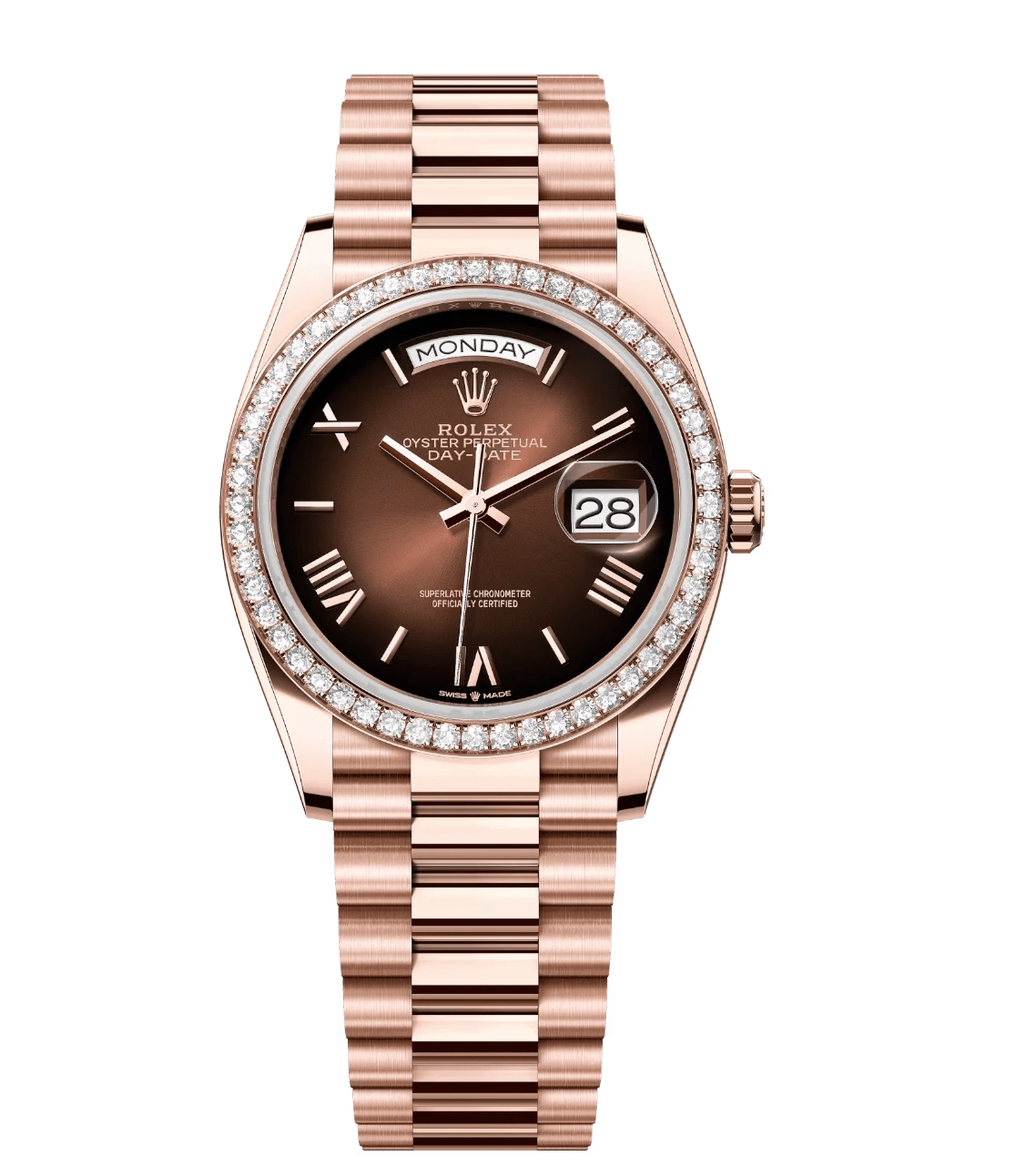 Rolex Day-Date 36 Oyster Perpetual 18 ct Everose gold brown ombré dial diamond-set bezel President band Reference 128345RBR FashionForward 1746