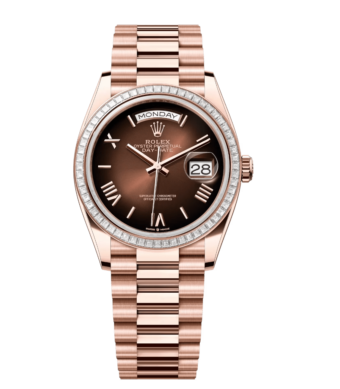 NewStyle Rolex Day-Date 36 Oyster Perpetual 18 ct Everose gold brown ombré dial diamond-set bezel President band Reference 128395TBR 1715