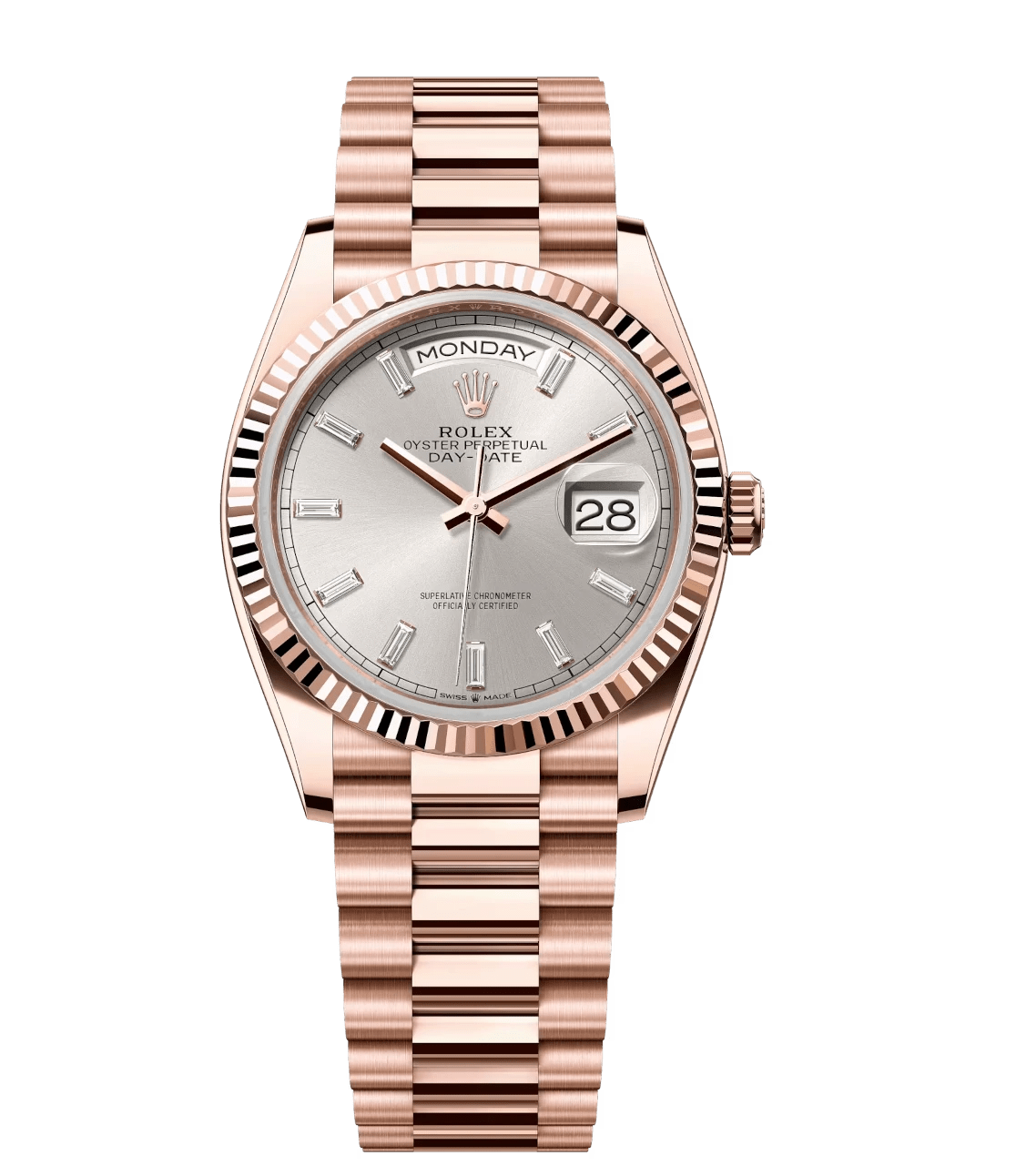 Rolex Day-Date 36 Oyster Perpetual 18 ct Everose gold silver, diamond-set dial fluted bezel President band Reference Affordable 1767
