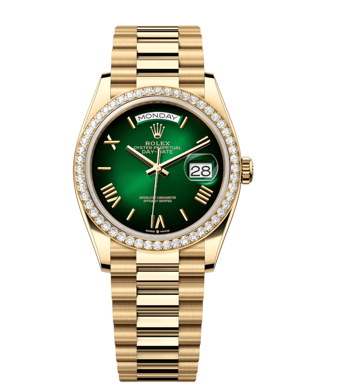 Rolex Day-Date 36 Oyster Perpetual 18 ct yellow gold green ombré dial diamond-set bezel President band Reference 128348RBR UrbanStyle 1742