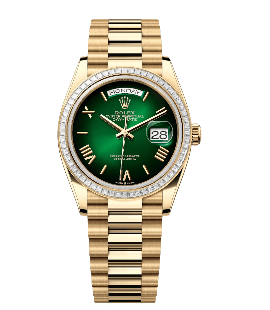 AllSeason Rolex Day-Date 36 Oyster Perpetual 18 ct yellow gold green ombré dial diamond-set bezel President band Reference 128398TBR 1776