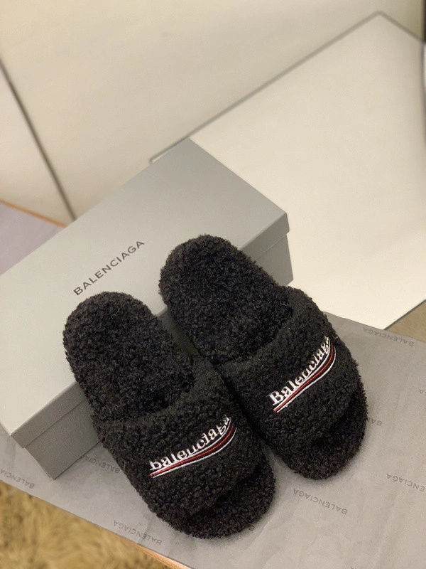 BALENCIAGA WOMEN'S FURRY SLIDE SANDAL IN BLACK