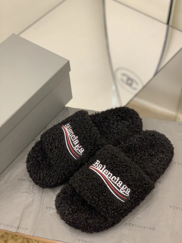 BALENCIAGA WOMEN'S FURRY SLIDE SANDAL IN BLACK