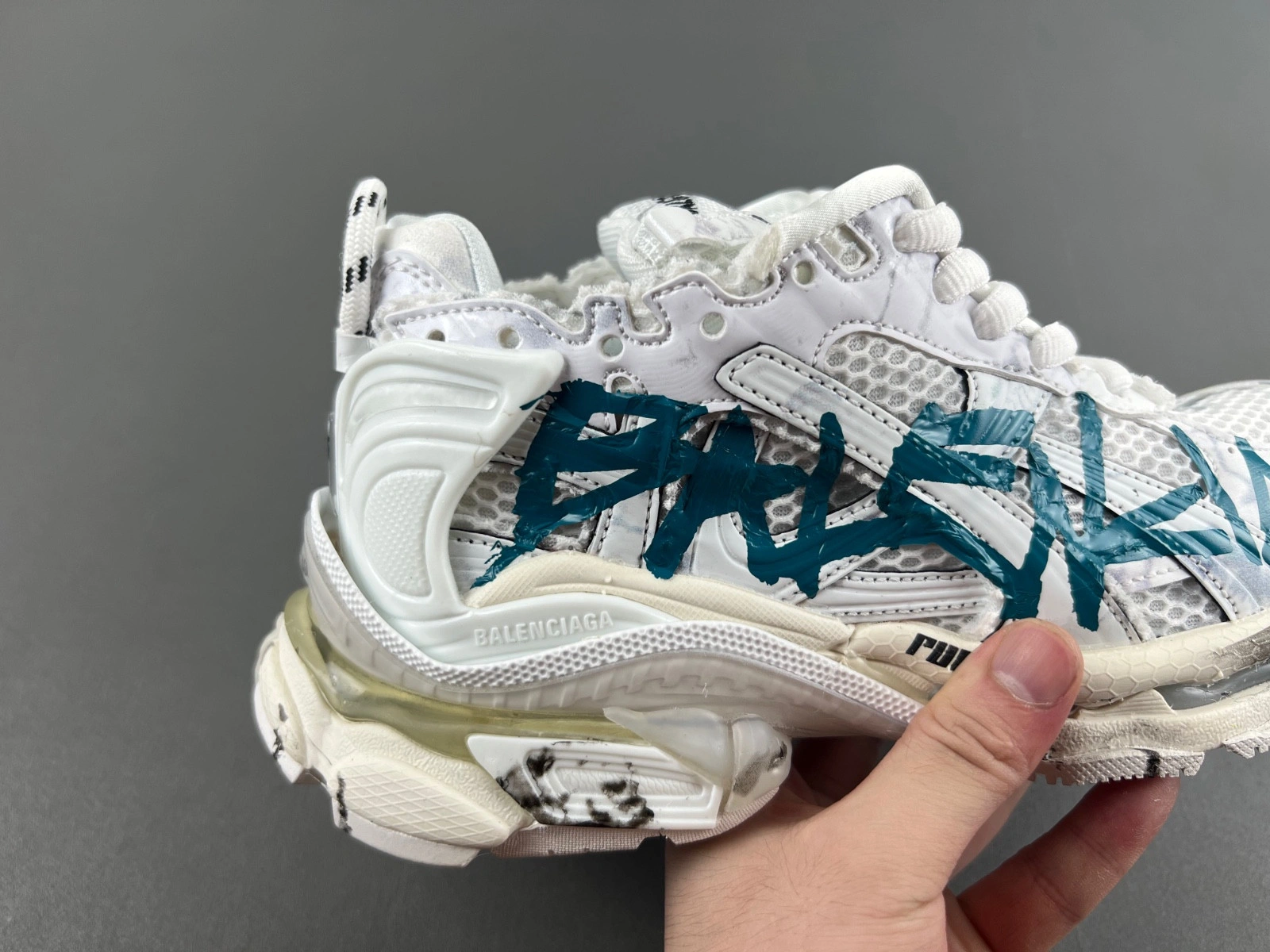 Balenciaga   Runner Graffiti Sneaker in White blue