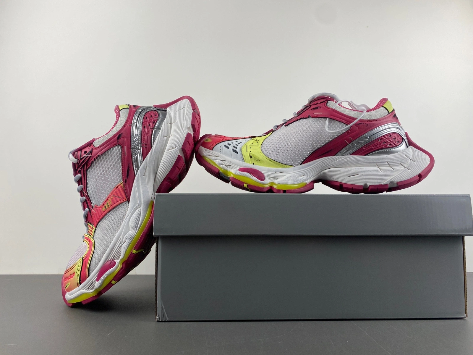 Balenciaga Men's Stapler Sneaker in White pink neon Yellow silver