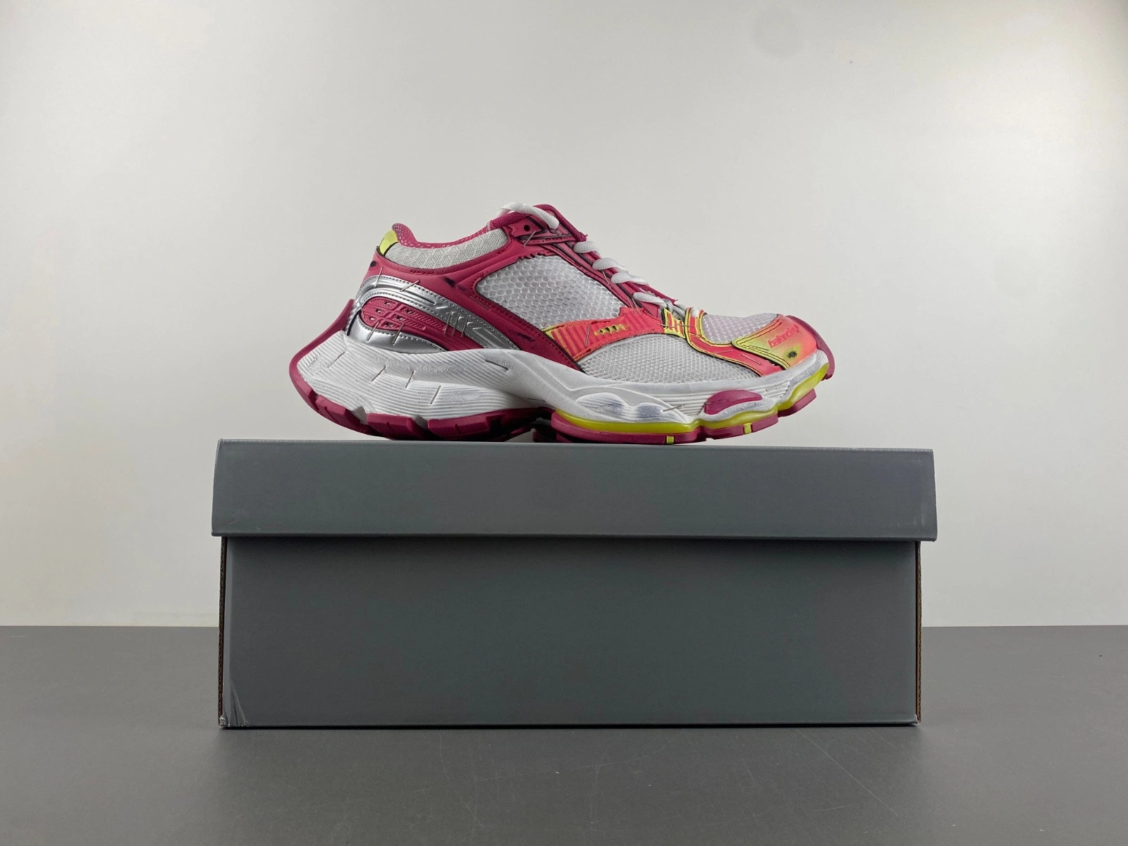 Balenciaga Men's Stapler Sneaker in White pink neon Yellow silver