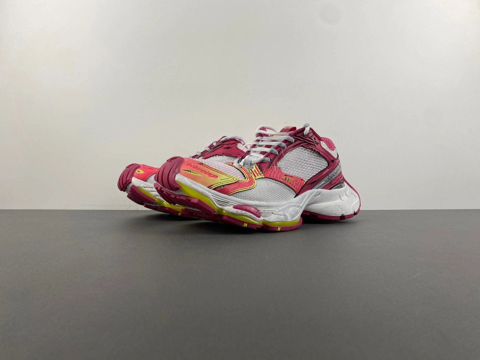 Balenciaga Men's Stapler Sneaker in White pink neon Yellow silver