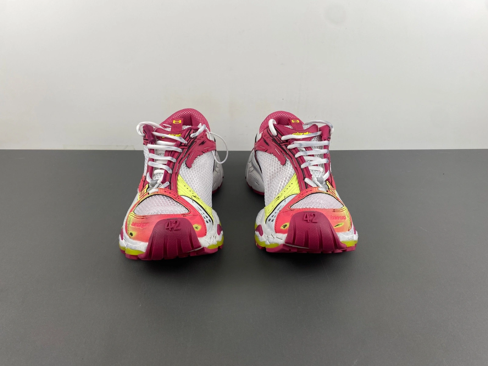 Balenciaga Men's Stapler Sneaker in White pink neon Yellow silver