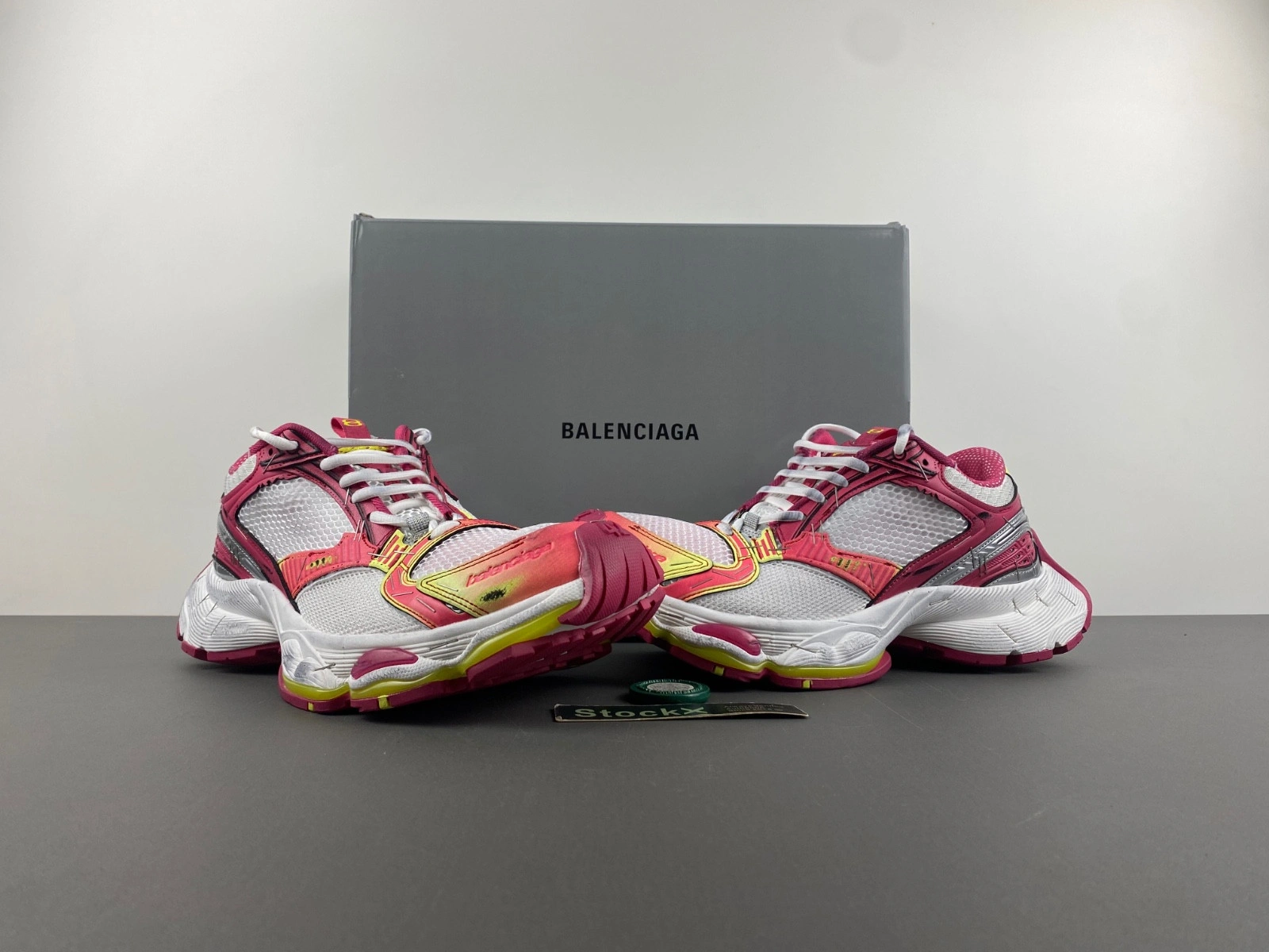 Balenciaga Men's Stapler Sneaker in White pink neon Yellow silver