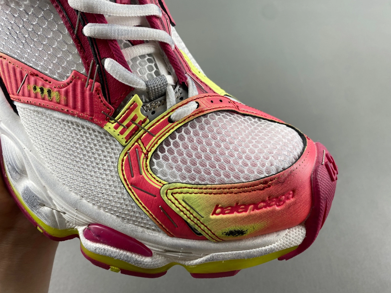 Balenciaga Men's Stapler Sneaker in White pink neon Yellow silver