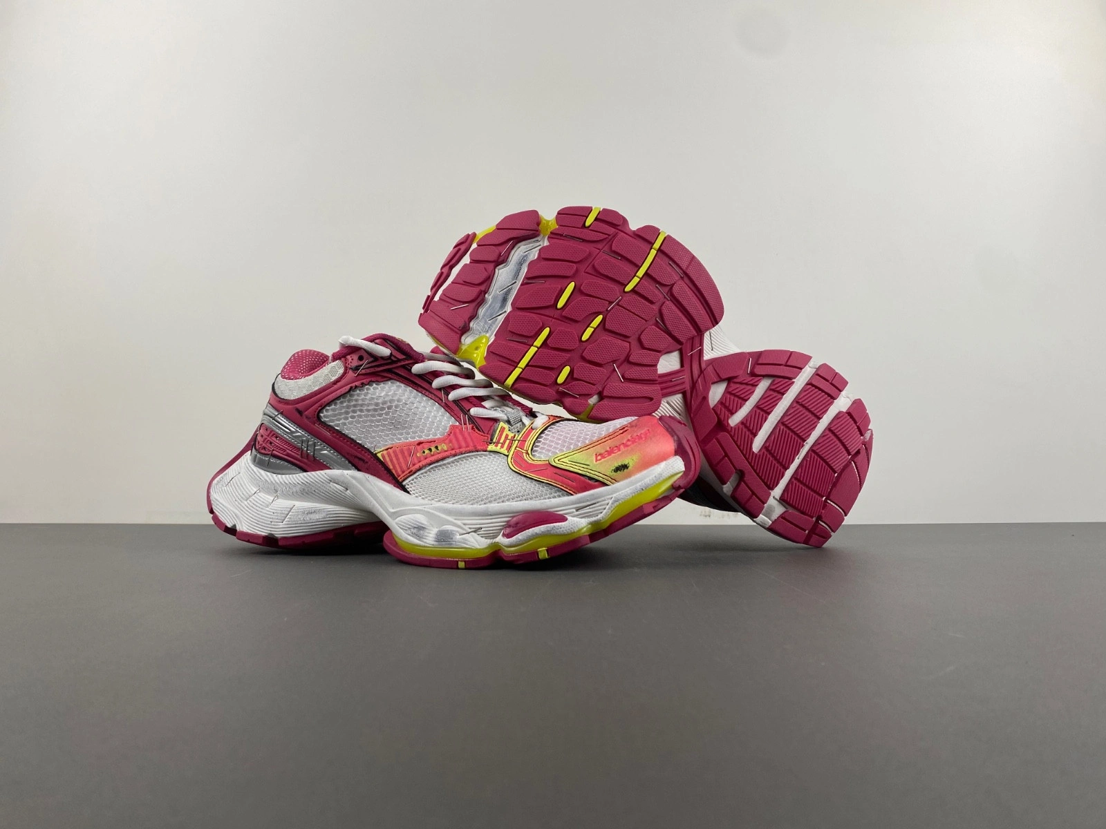 Balenciaga Men's Stapler Sneaker in White pink neon Yellow silver