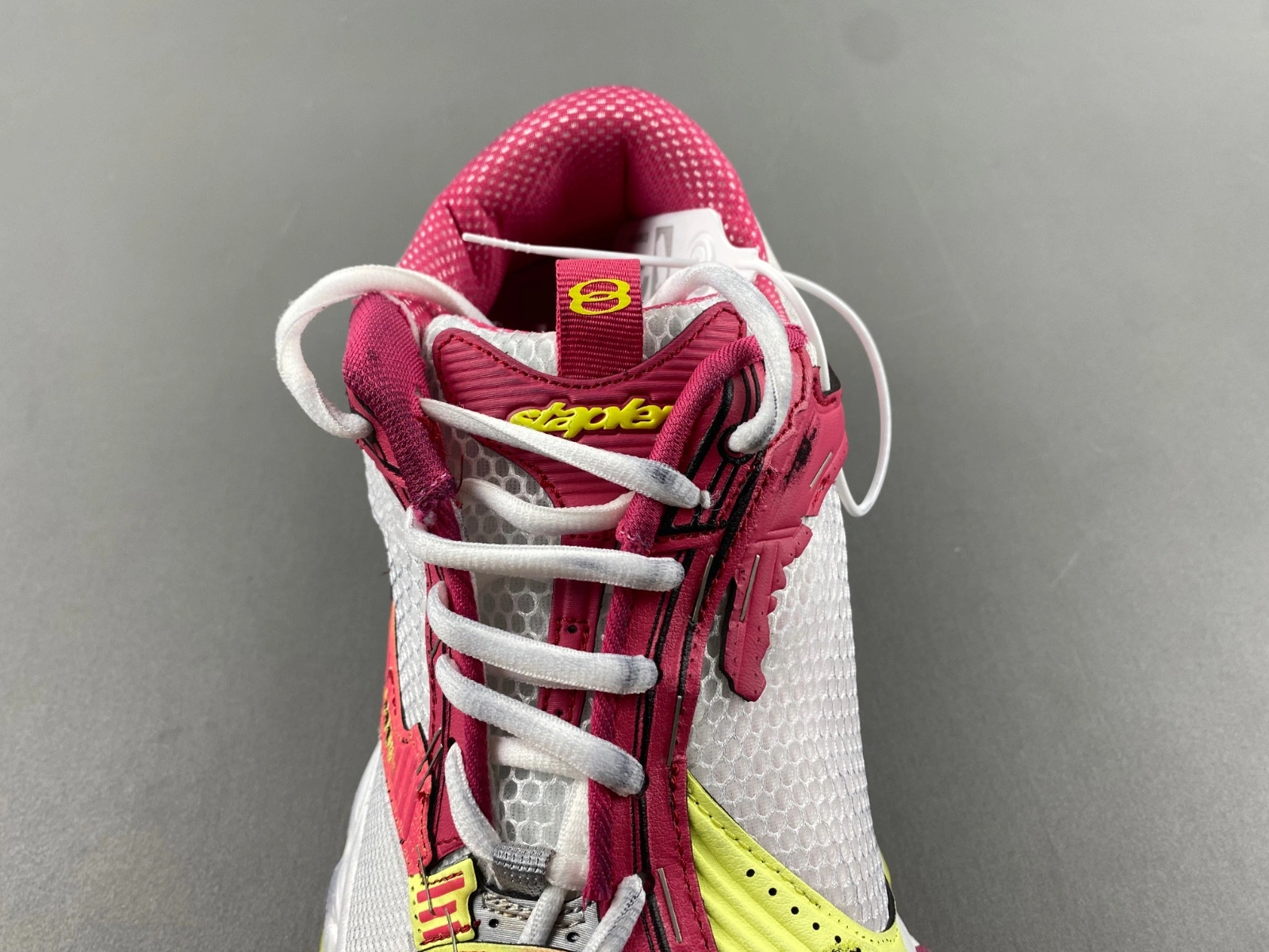 Balenciaga Men's Stapler Sneaker in White pink neon Yellow silver