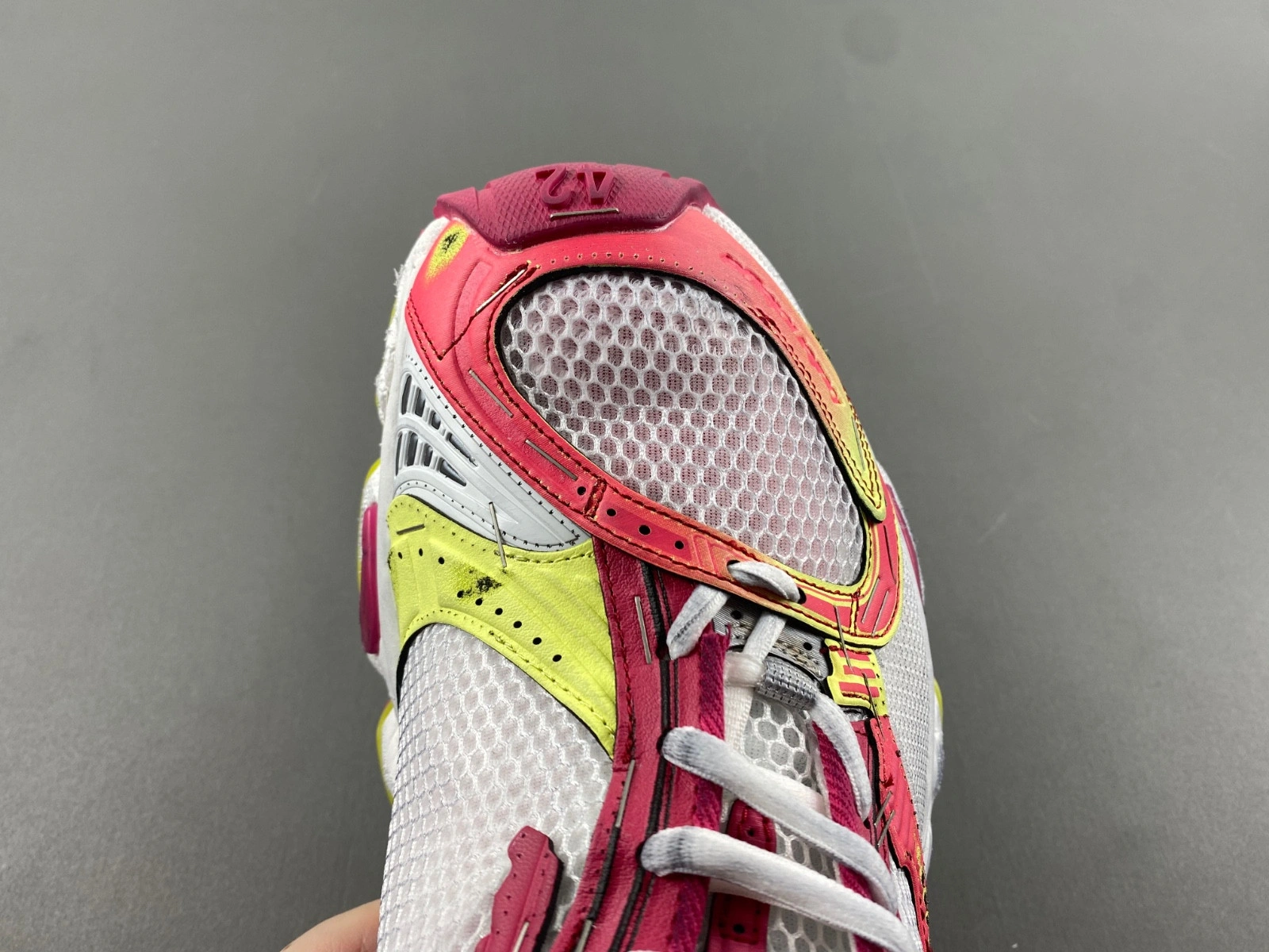 Balenciaga Men's Stapler Sneaker in White pink neon Yellow silver
