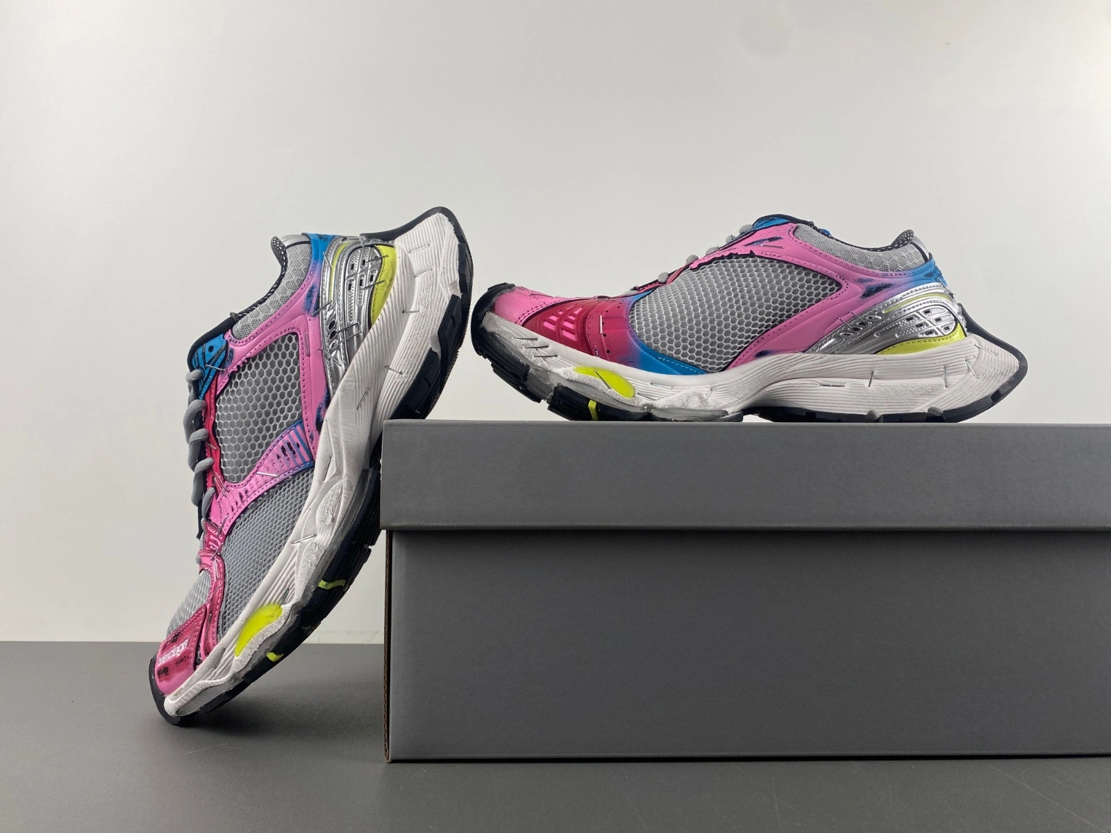 Balenciaga Women's Stapler Sneaker in Grey blue pink neon Yellow white