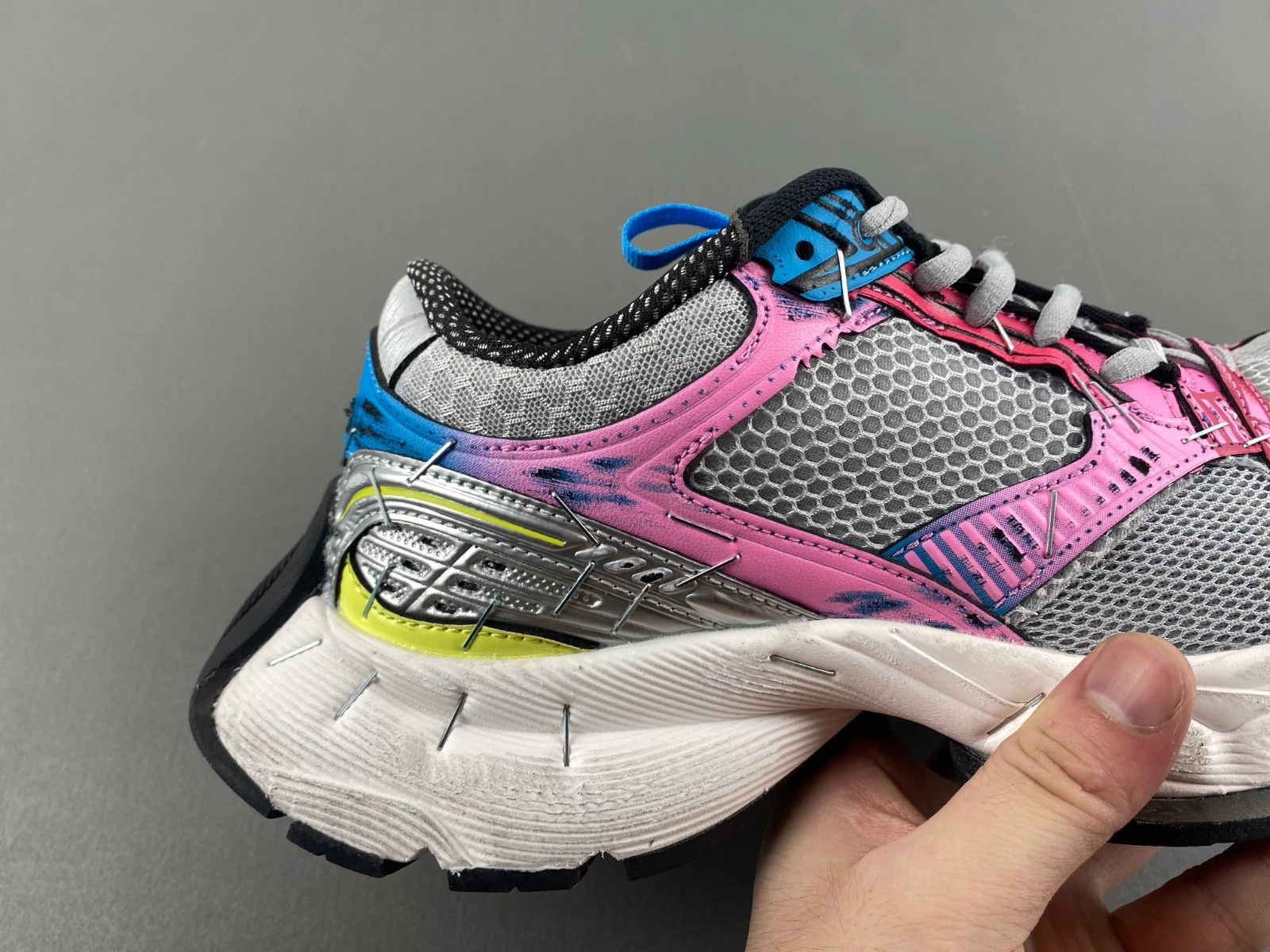 Balenciaga Women's Stapler Sneaker in Grey blue pink neon Yellow white