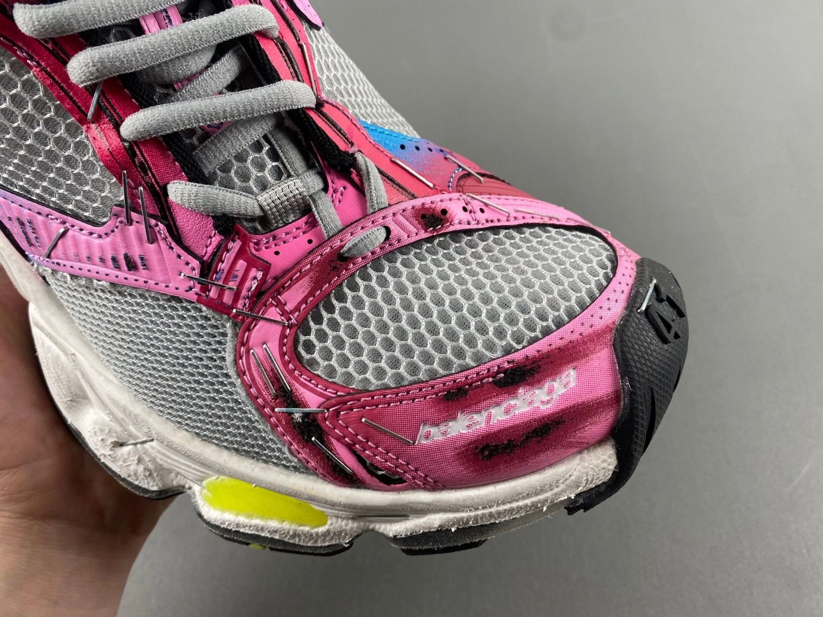 Balenciaga Women's Stapler Sneaker in Grey blue pink neon Yellow white