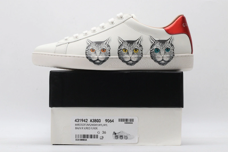 GUCCI ACE EMBROIDERED LOW-TOP SNEAKER  WHITE WITH CAT