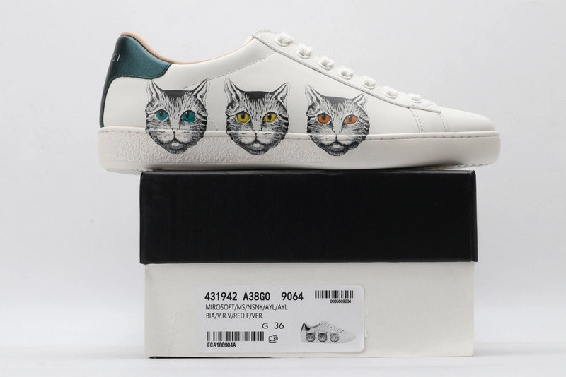 GUCCI ACE EMBROIDERED LOW-TOP SNEAKER  WHITE WITH CAT