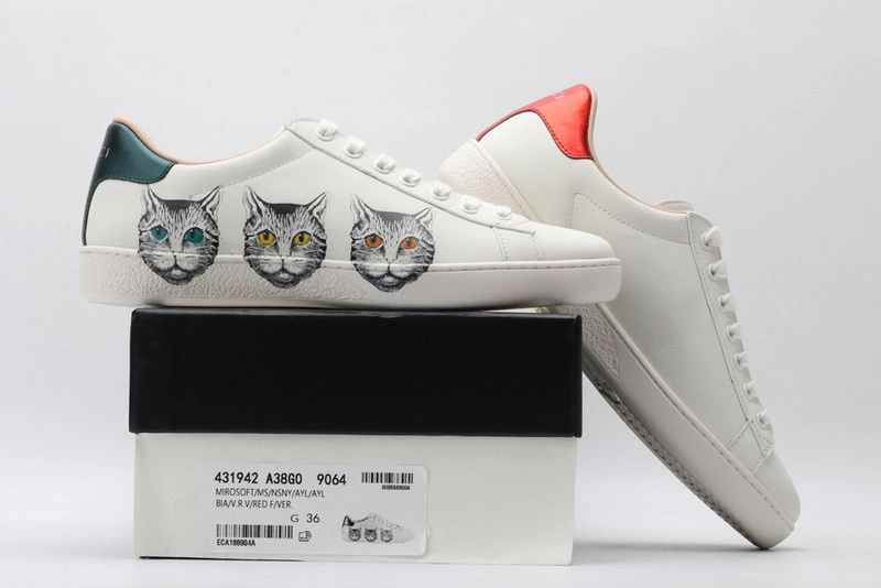 GUCCI ACE EMBROIDERED LOW-TOP SNEAKER  WHITE WITH CAT